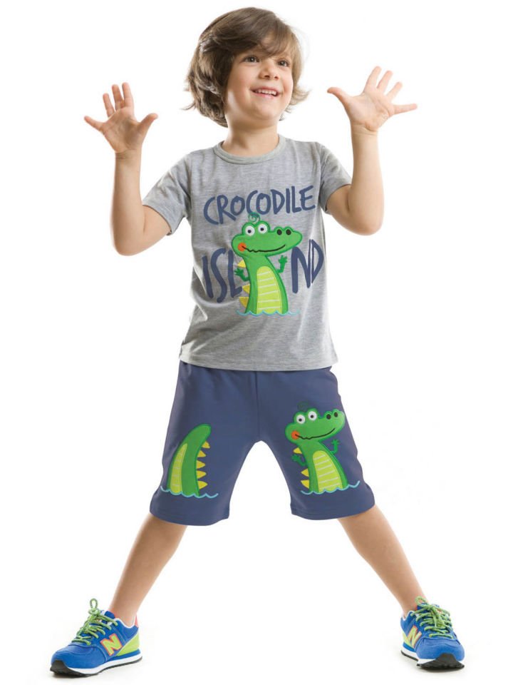 Timsah Adası Erkek Çocuk T-shirt Şort Takım 3 Y - Gri Mavi