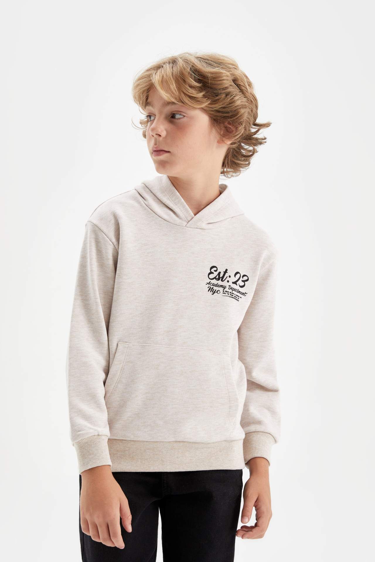 Erkek Çocuk Bej Baskılı Kapüşonlu Okul Sweatshirt