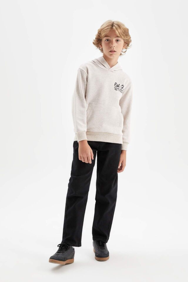Erkek Çocuk Bej Baskılı Kapüşonlu Okul Sweatshirt