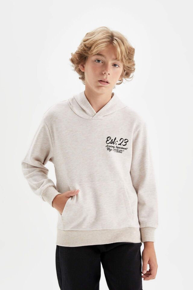 Erkek Çocuk Bej Baskılı Kapüşonlu Okul Sweatshirt