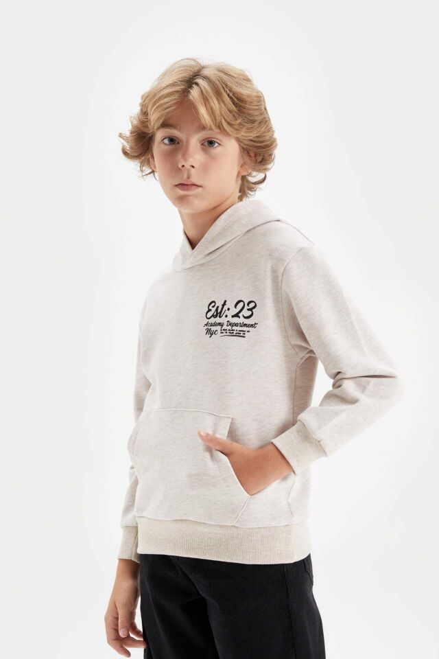 Erkek Çocuk Bej Baskılı Kapüşonlu Okul Sweatshirt