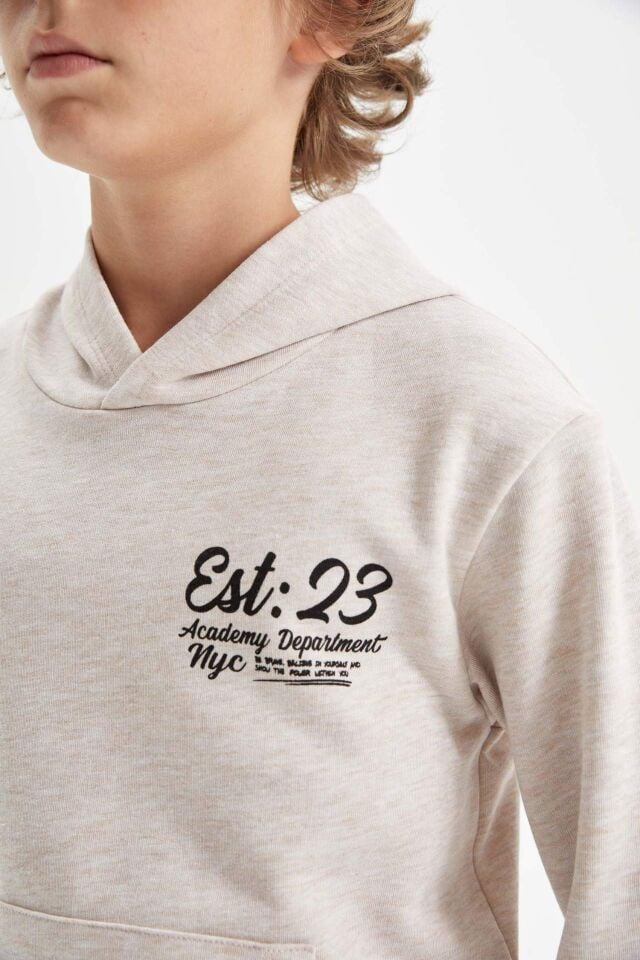 Erkek Çocuk Bej Baskılı Kapüşonlu Okul Sweatshirt