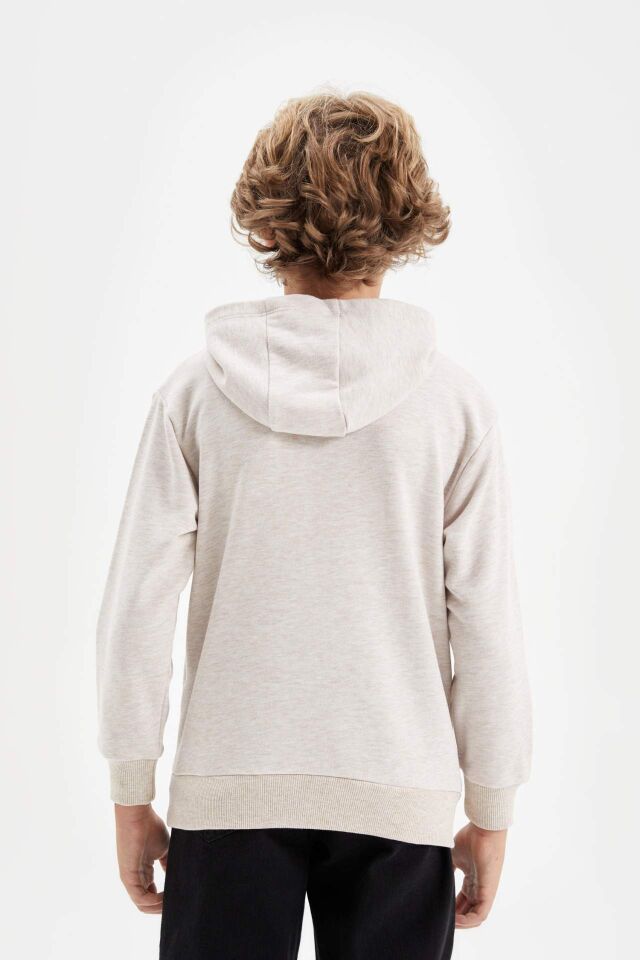 Erkek Çocuk Bej Baskılı Kapüşonlu Okul Sweatshirt