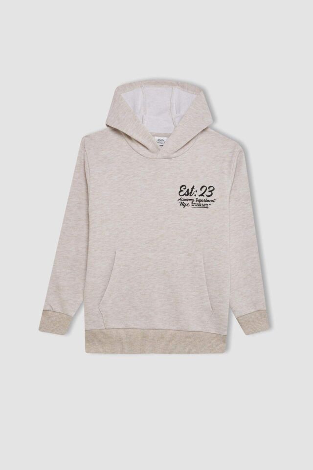Erkek Çocuk Bej Baskılı Kapüşonlu Okul Sweatshirt