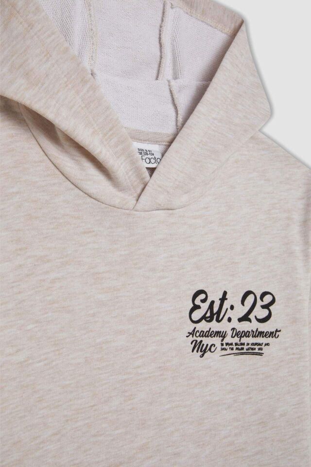 Erkek Çocuk Bej Baskılı Kapüşonlu Okul Sweatshirt