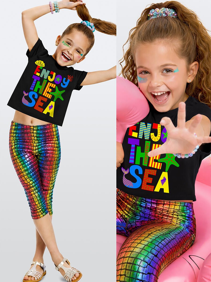 Renkli Varak Kız Çocuk Crop T-shirt Tayt Takım