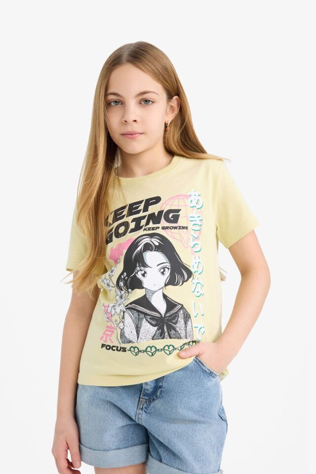 Kız Çocuk Bisiklet Yaka Anime Baskılı Kısa Kollu Tişört
