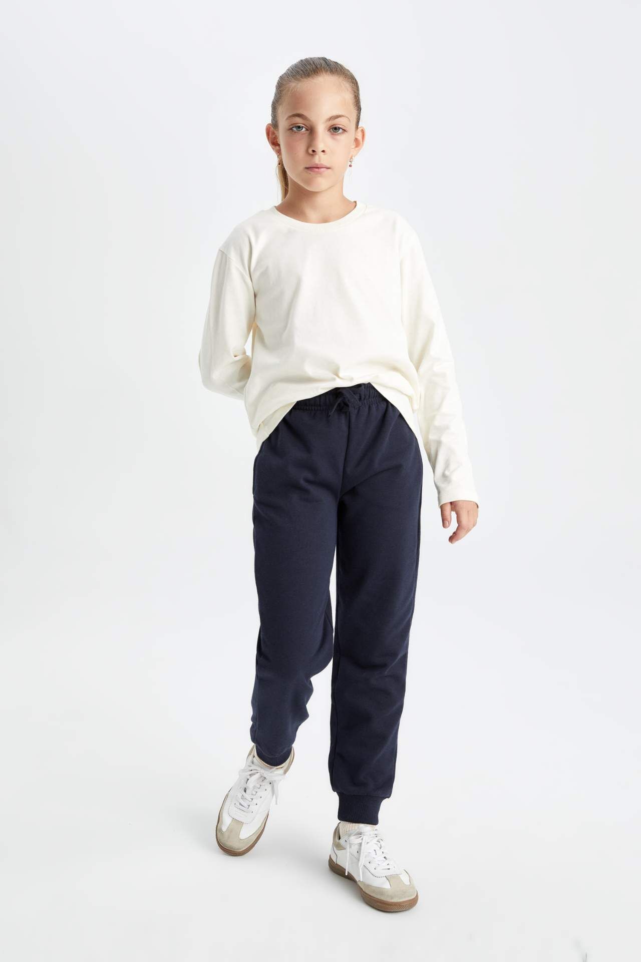 Kız Çocuk Lacivert Standart Fit Beli Paçası Lastikli Basic Düz Okul Jogger Eşofman Altı