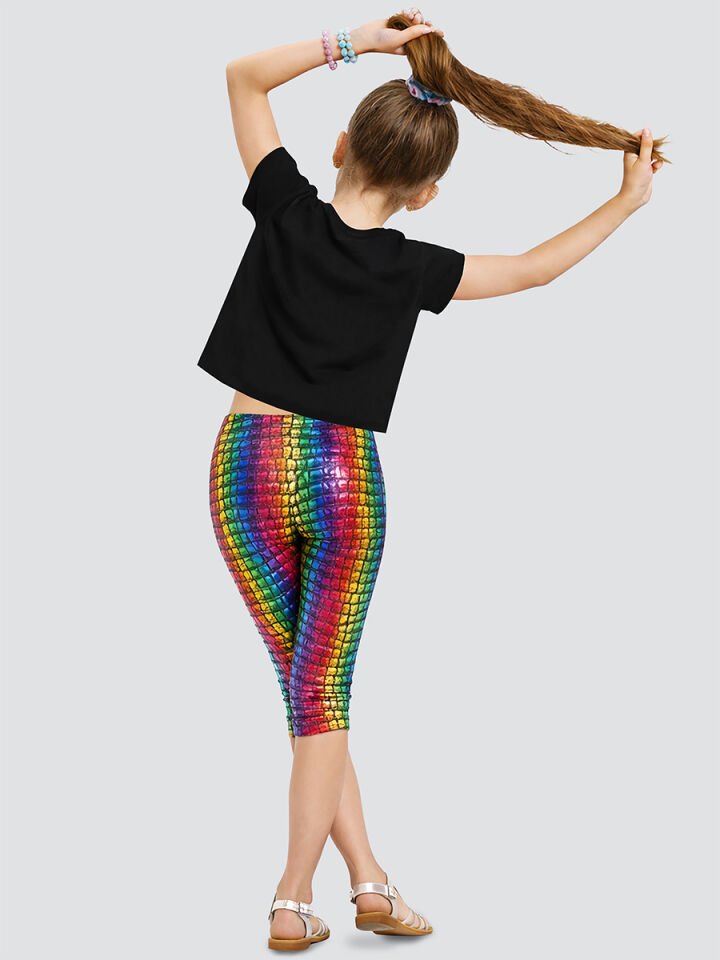 Renkli Varak Kız Çocuk Crop T-shirt Tayt Takım 5Y - Mor
