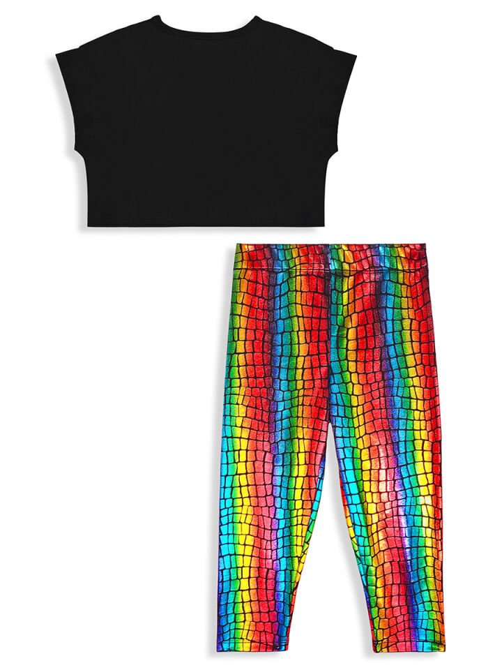 Renkli Varak Kız Çocuk Crop T-shirt Tayt Takım 5Y - Mor
