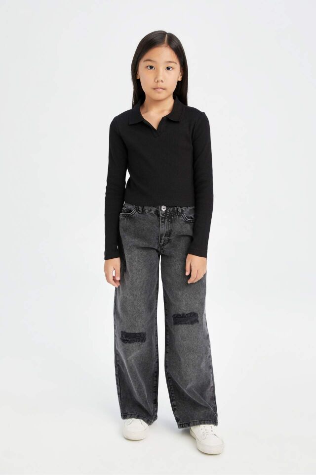 Kız Çocuk Cropped Fit Polo Yaka Basic Düz Fitilli Kaşkorse Uzun Kollu Tişört