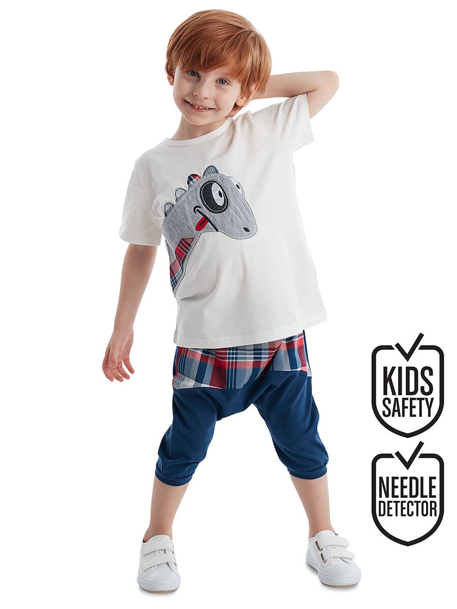 Dino Ekose Erkek Çocuk T-shirt Şort Takım 7 Y - Red&Navy Blue&White