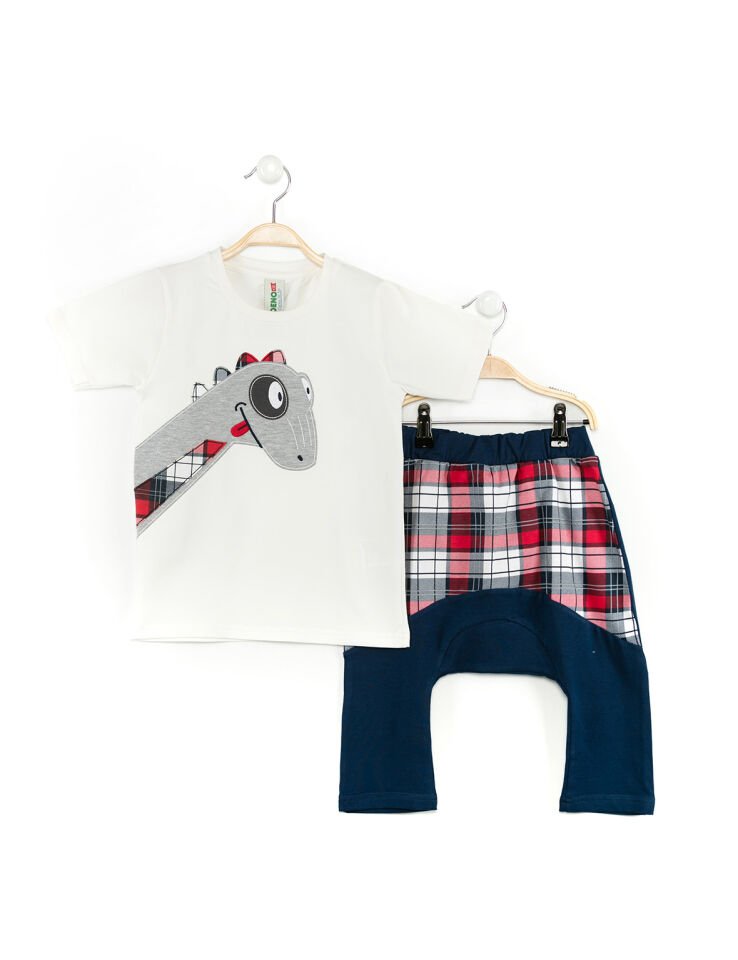 Dino Ekose Erkek Çocuk T-shirt Şort Takım 7 Y - Red&Navy Blue&White
