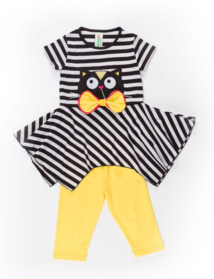 Çizgili Siyah Kedi Kız Çocuk Tunik Tayt Takım