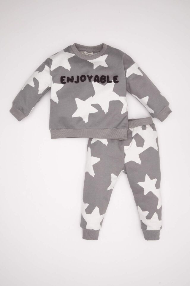 Erkek Bebek 2'li Takım Yıldız Desenli Bisiklet Yaka Sweatshirt Beli Lastikli Jogger Eşofman Altı