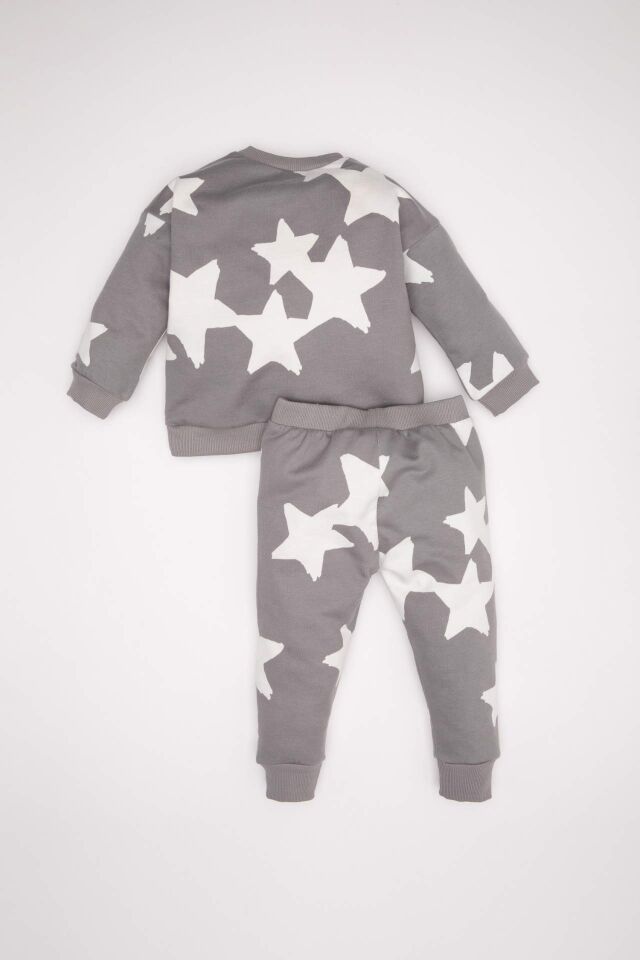 Erkek Bebek 2'li Takım Yıldız Desenli Bisiklet Yaka Sweatshirt Beli Lastikli Jogger Eşofman Altı