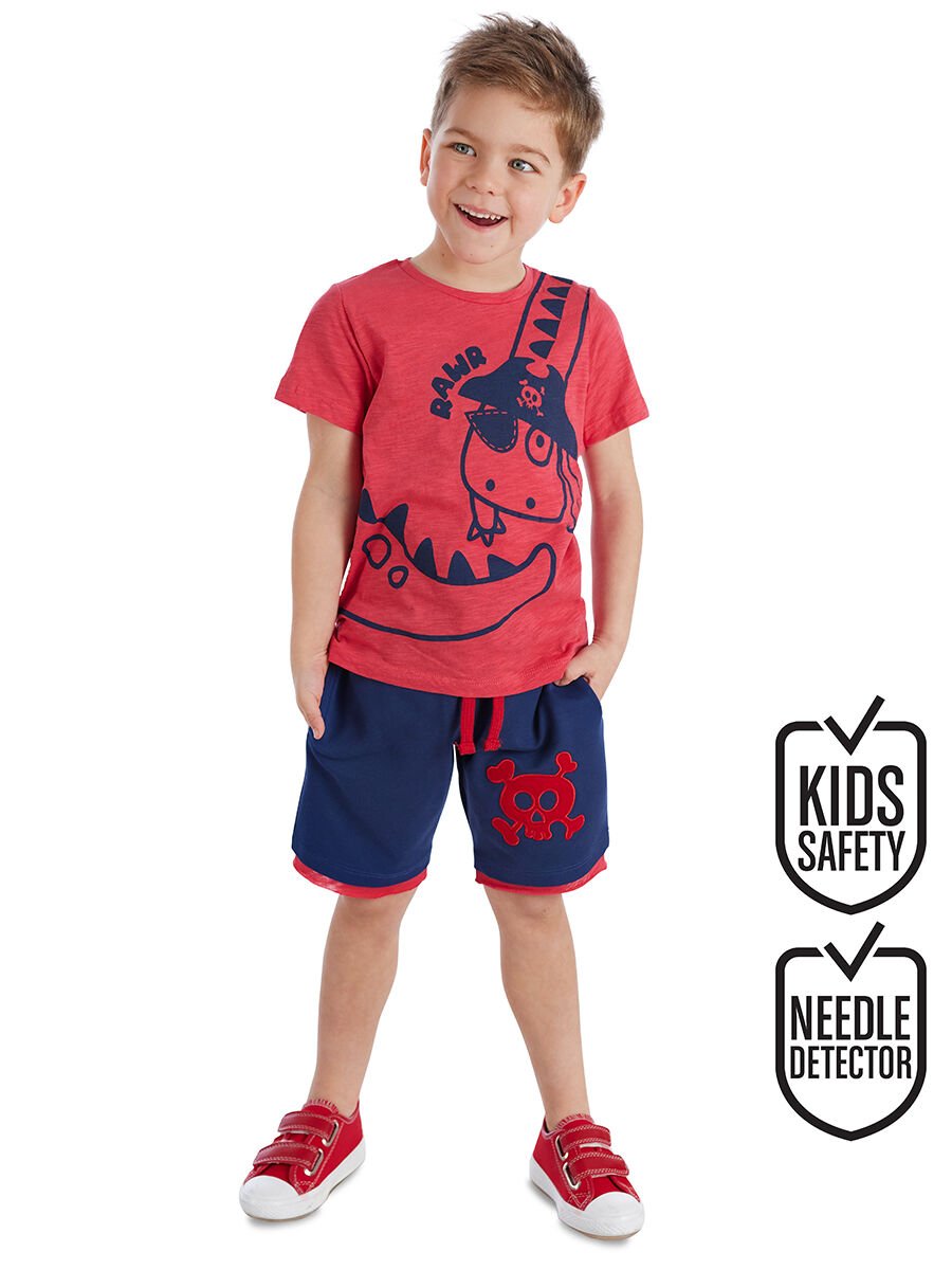 Korsan Dino Erkek Çocuk T-shirt Şort Takım 5 Y - Kırmızı, Lacivert