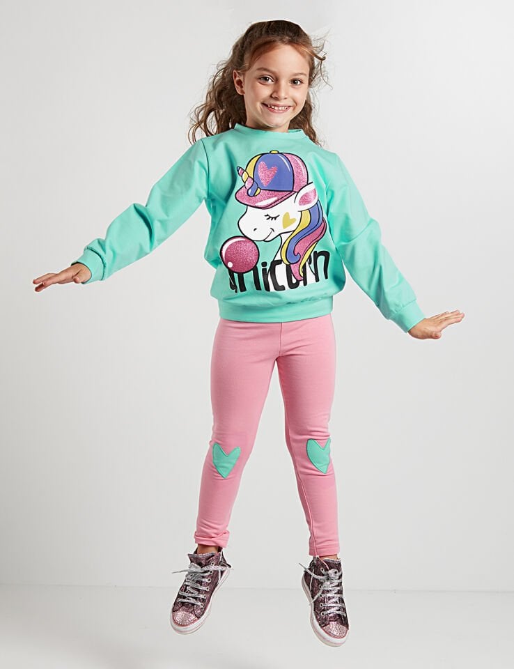 Bubble Unicorn Kız Çocuk Sweatshirt Tayt Takım 7 Y - Pembe Mint