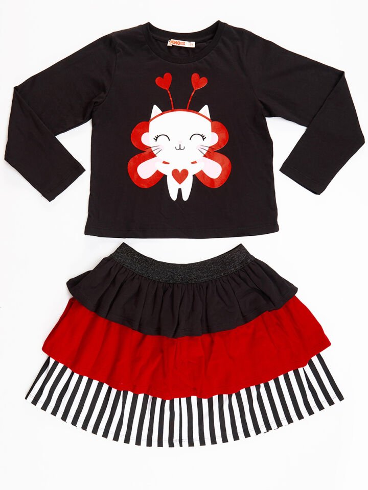 Cute Heart Kız Çocuk T-shirt Etek Takım 4 Y - Siyah, Kırmızı