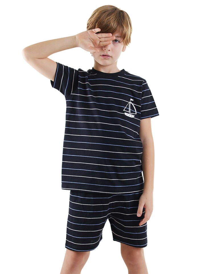 Yelken Erkek Çocuk Çizgili Pijama Takım 12 Y - Siyah