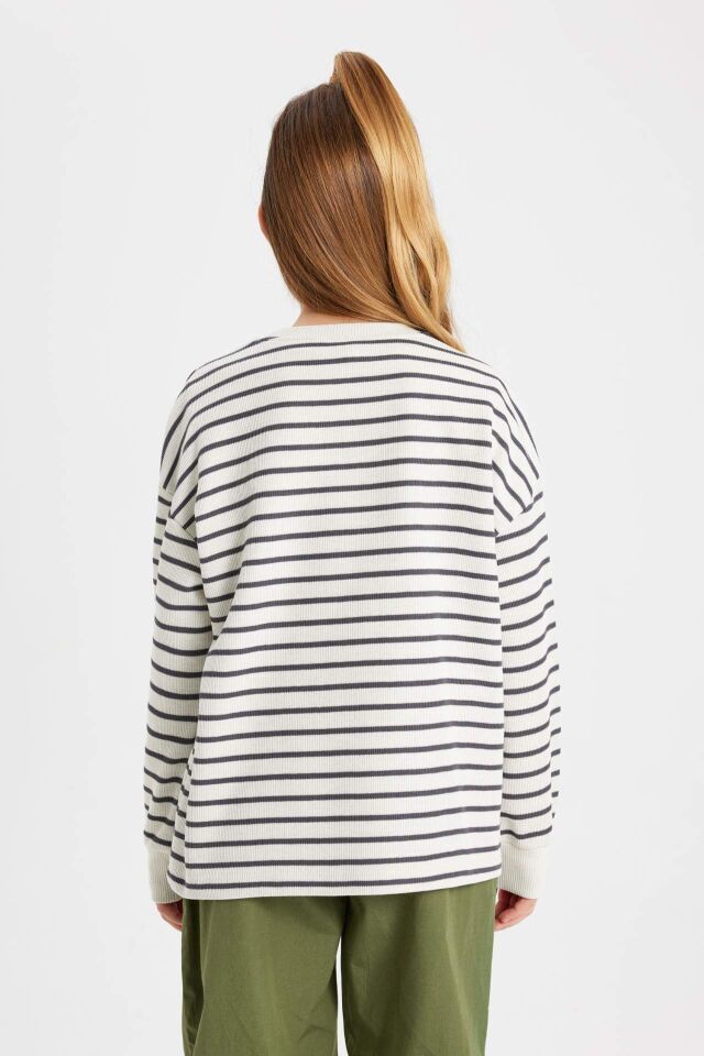 Kız Çocuk Relax Fit Bisiklet Yaka Çizgili Sweatshirt