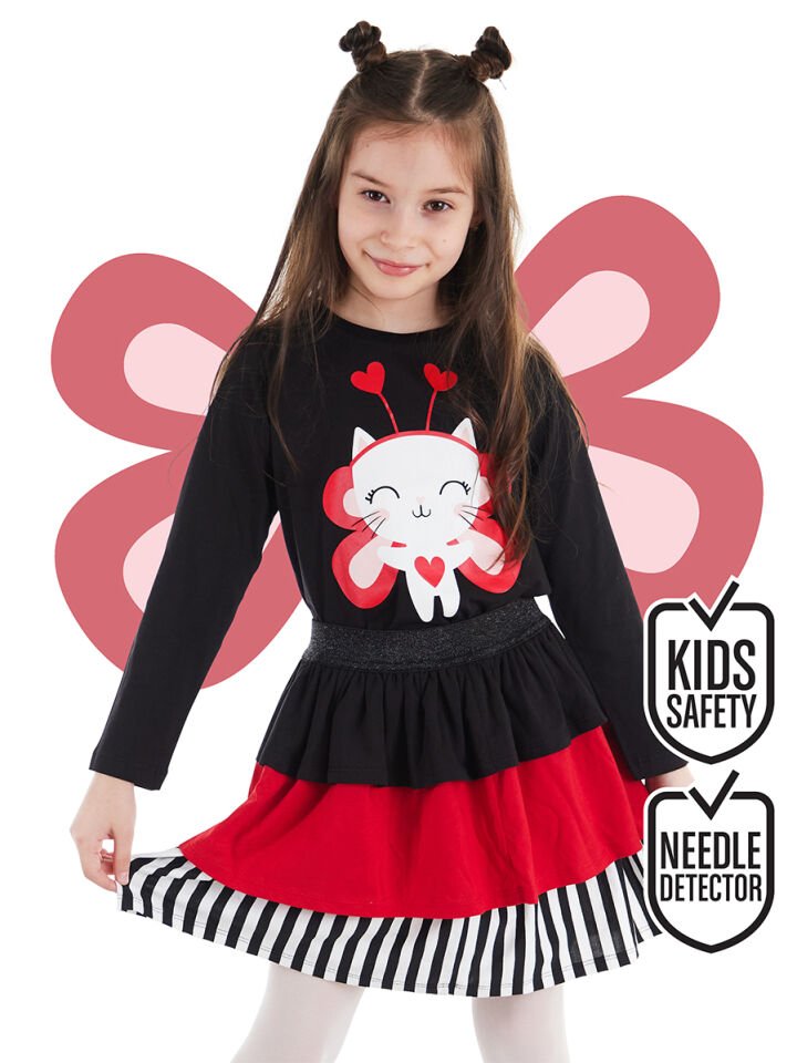 Cute Heart Kız Çocuk T-shirt Etek Takım 6 Y - Siyah, Kırmızı