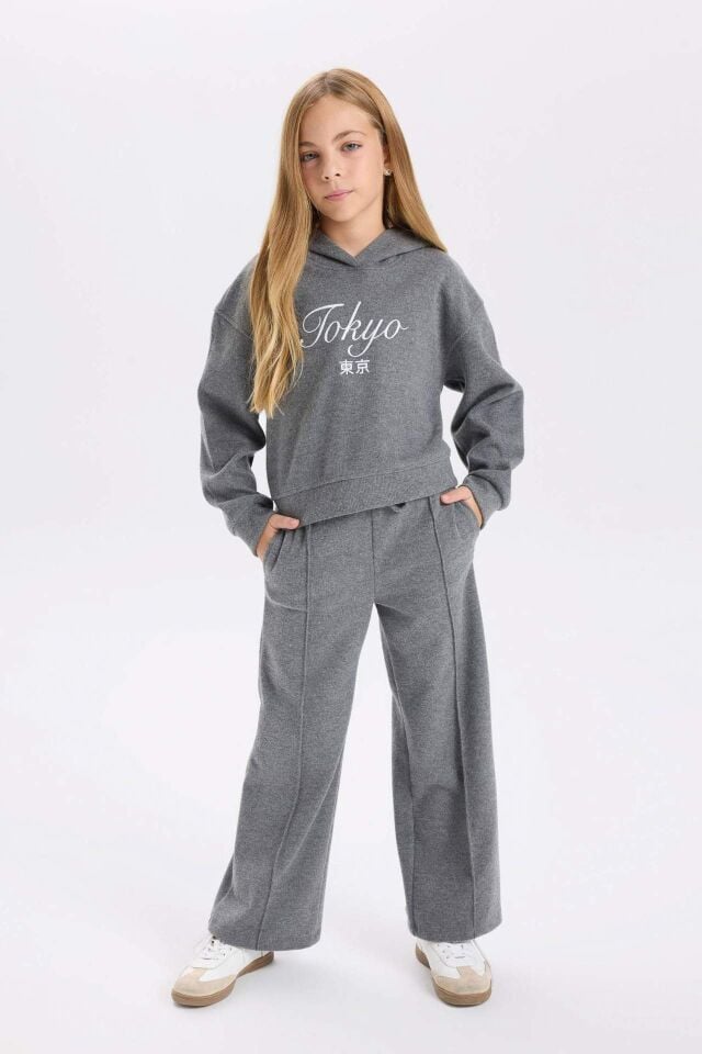 Kız Çocuk Antrasit Wide Leg Geniş Bol Paça Beli Lastikli Cepli Eşofman Altı