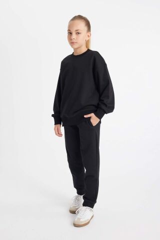 Kız Çocuk Siyah Standart Fit Beli Paçası Lastikli Basic Düz Okul Jogger Eşofman Altı