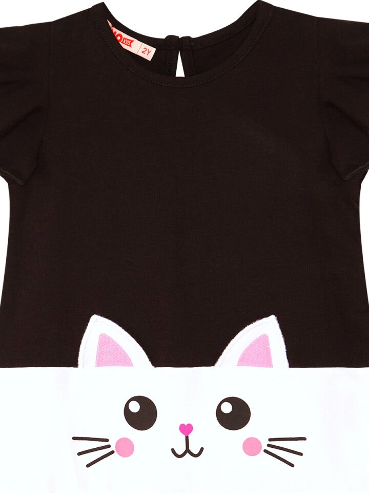 Beyaz Kedi Fırfırlı Kız Çocuk Elbise 3 Y - Siyah, Pembe
