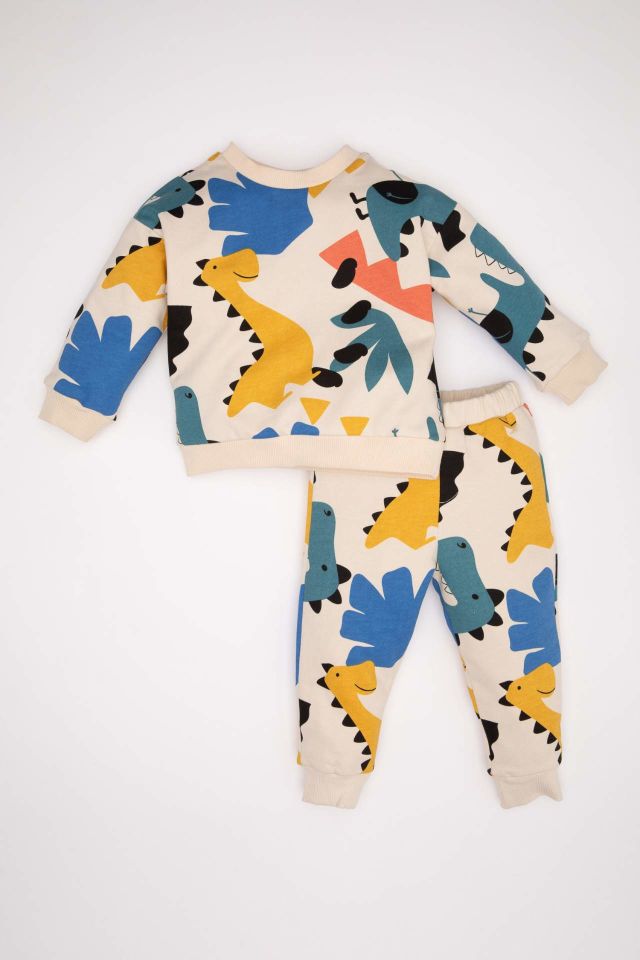 Erkek Bebek 2'li Takım Dinazor Desenli Bisiklet Yaka Sweatshirt Üst Beli Lastikli Jogger Eşofman Altı