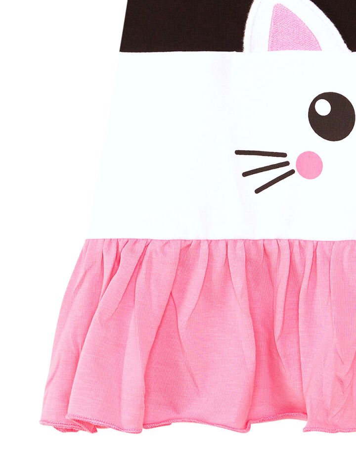 Beyaz Kedi Fırfırlı Kız Çocuk Elbise 5 Y - Siyah, Pembe