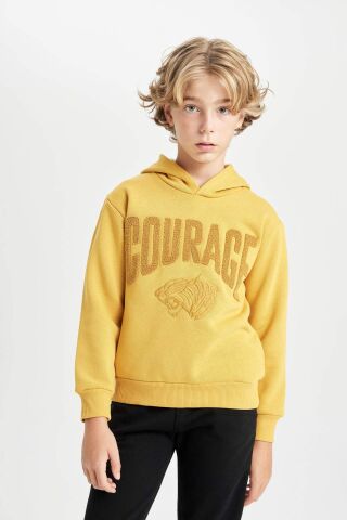 Erkek Çocuk Oversize Geniş Kalıp Baskılı Kapüşonlu Kalın Sweatshirt
