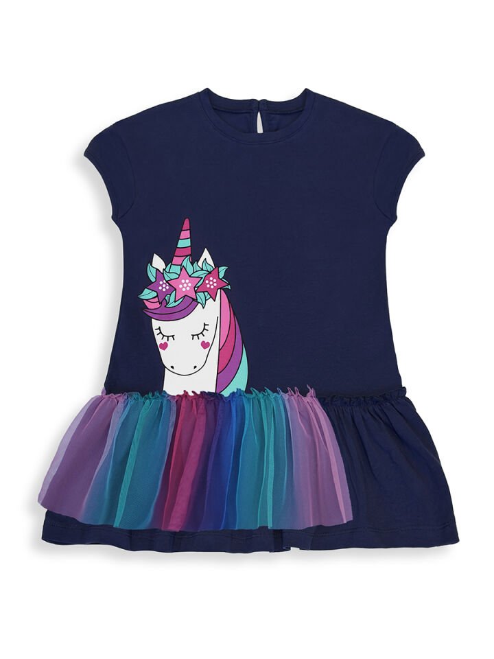 Tüllü Unicorn Kız Çocuk Yazlık Lacivert Elbise 8Y - Lacivert