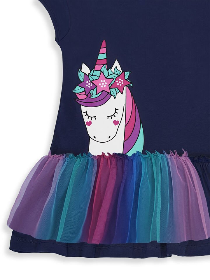 Tüllü Unicorn Kız Çocuk Yazlık Lacivert Elbise 8Y - Lacivert