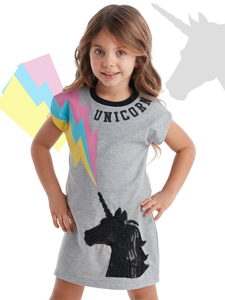 Gri Unicorn Kız Çocuk Elbise