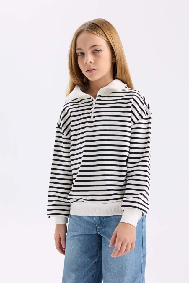 Kız Çocuk Oversize Geniş Kalıp Yarım Fermuarlı Çizgili Sweatshirt