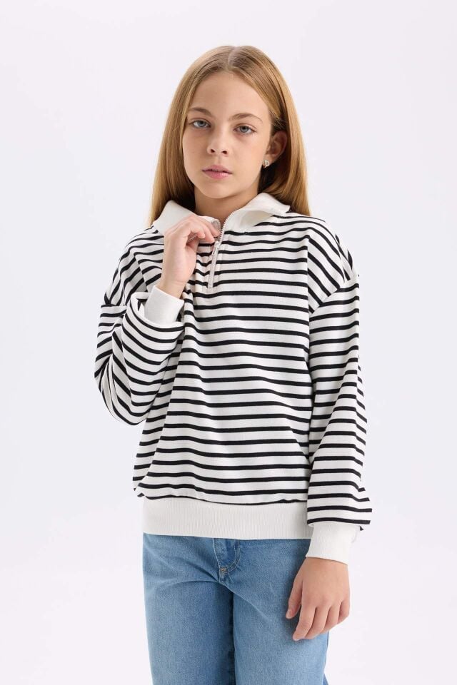 Kız Çocuk Oversize Geniş Kalıp Yarım Fermuarlı Çizgili Sweatshirt