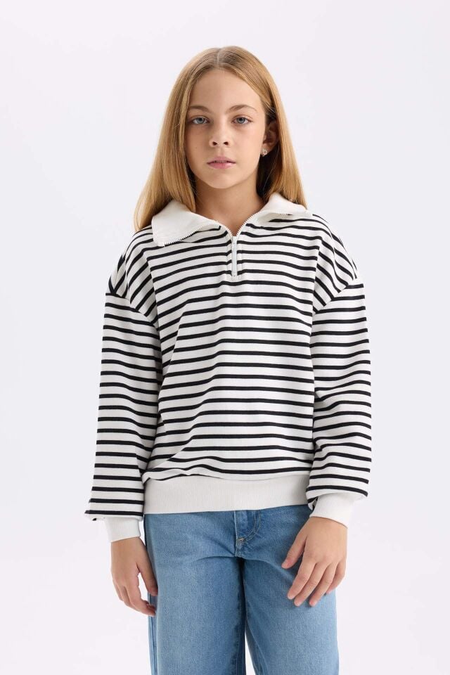 Kız Çocuk Oversize Geniş Kalıp Yarım Fermuarlı Çizgili Sweatshirt