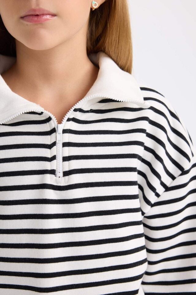 Kız Çocuk Oversize Geniş Kalıp Yarım Fermuarlı Çizgili Sweatshirt