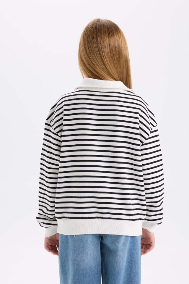 Kız Çocuk Oversize Geniş Kalıp Yarım Fermuarlı Çizgili Sweatshirt