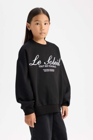 Kız Çocuk Oversize Geniş Kalıp Bisiklet Yaka Baskılı Sweatshirt