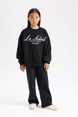 Kız Çocuk Oversize Geniş Kalıp Bisiklet Yaka Baskılı Sweatshirt