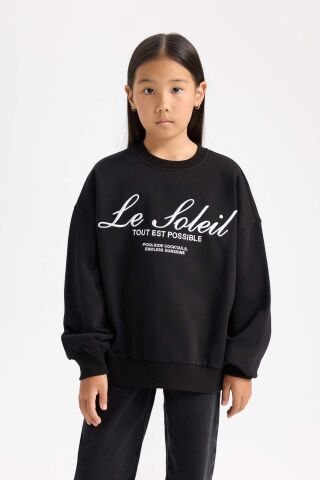 Kız Çocuk Oversize Geniş Kalıp Bisiklet Yaka Baskılı Sweatshirt