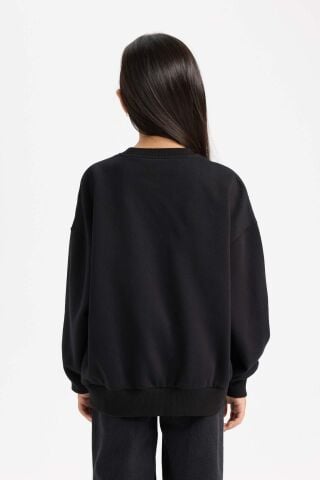 Kız Çocuk Oversize Geniş Kalıp Bisiklet Yaka Baskılı Sweatshirt
