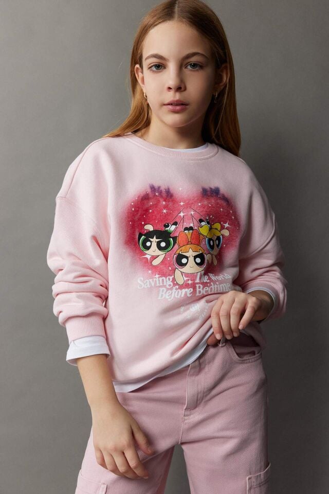Kız Çocuk PowerPuff Girls Relax Fit Bisiklet Yaka Sweatshirt