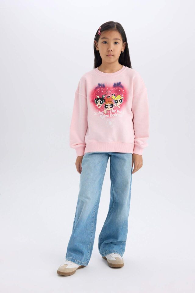 Kız Çocuk PowerPuff Girls Relax Fit Bisiklet Yaka Sweatshirt
