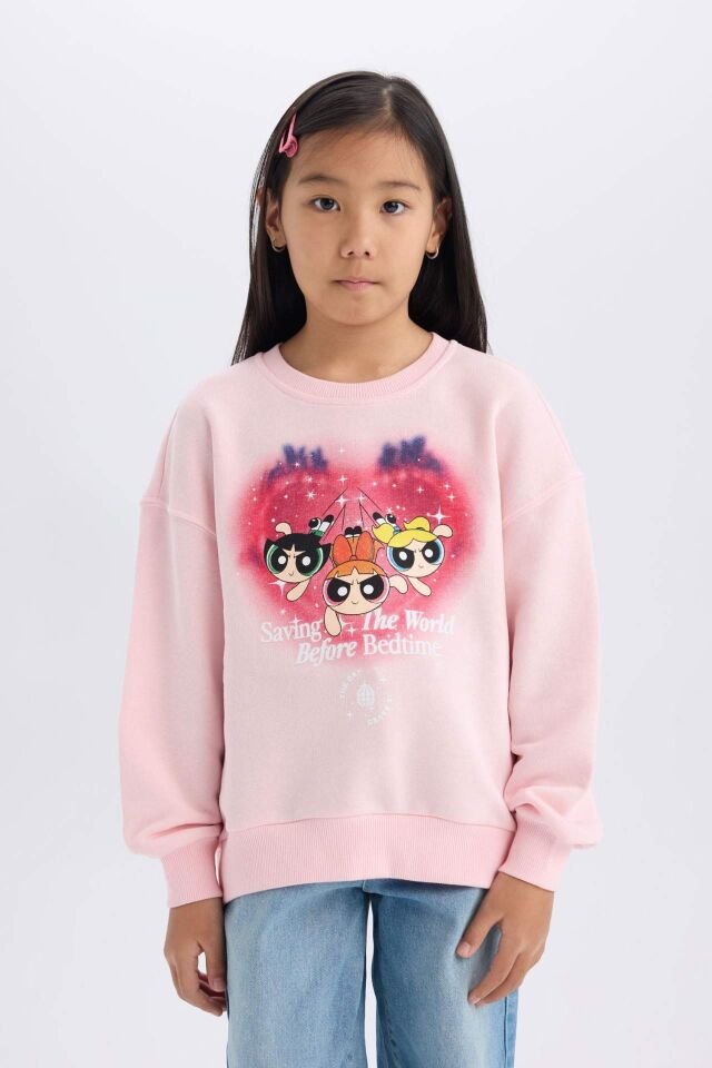 Kız Çocuk PowerPuff Girls Relax Fit Bisiklet Yaka Sweatshirt