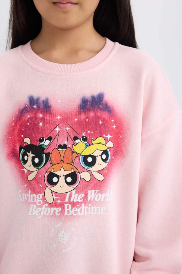 Kız Çocuk PowerPuff Girls Relax Fit Bisiklet Yaka Sweatshirt