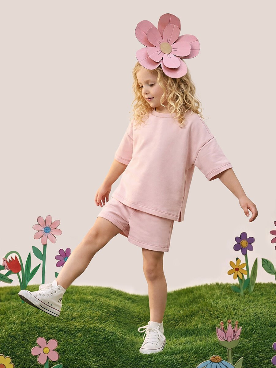 Oversize Pembe Kız Çocuk T-shirt Şort Takım