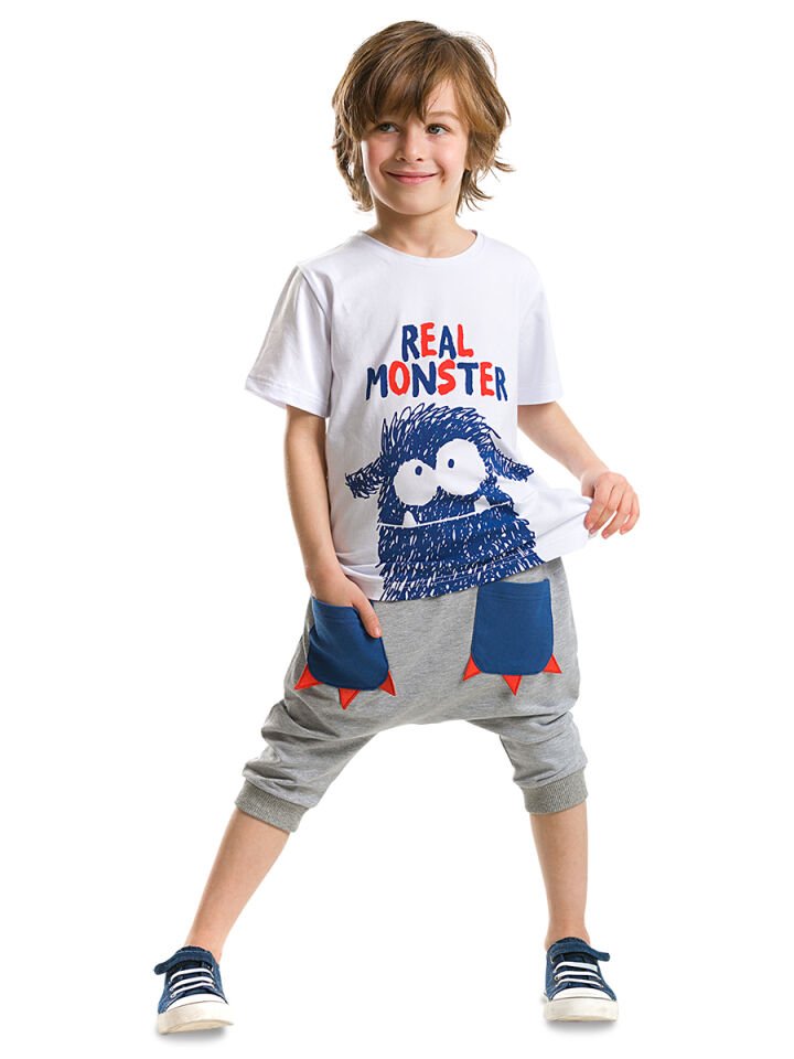 Canavar Cepli Erkek Çocuk T-shirt Kapri Şort Takım 5 Y - Beyaz Gri Mavi